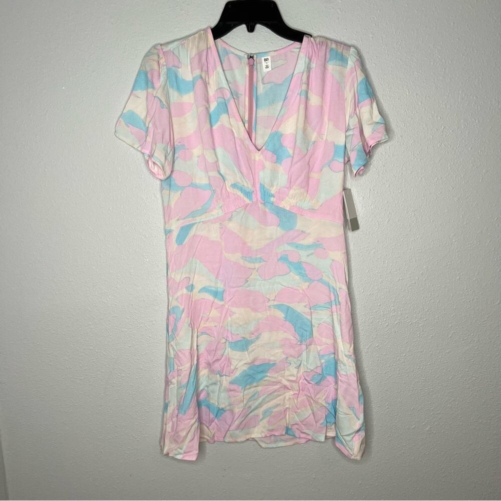 New BP Cream Pink Blue Camouflage Print A Line Short Sleeve Dress Women's size L